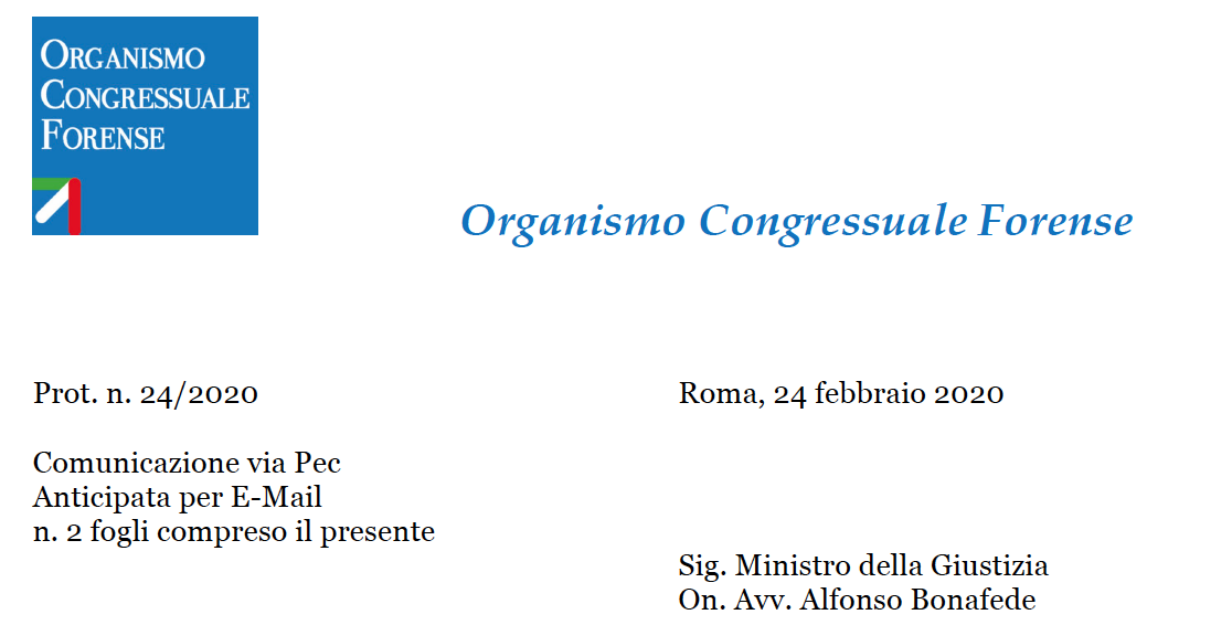 Organismo Congressuale Forense: Richiesta Provvedimenti "Coronavirus " al Ministro della Giustizia On. Avv. Alfonso Bonafede